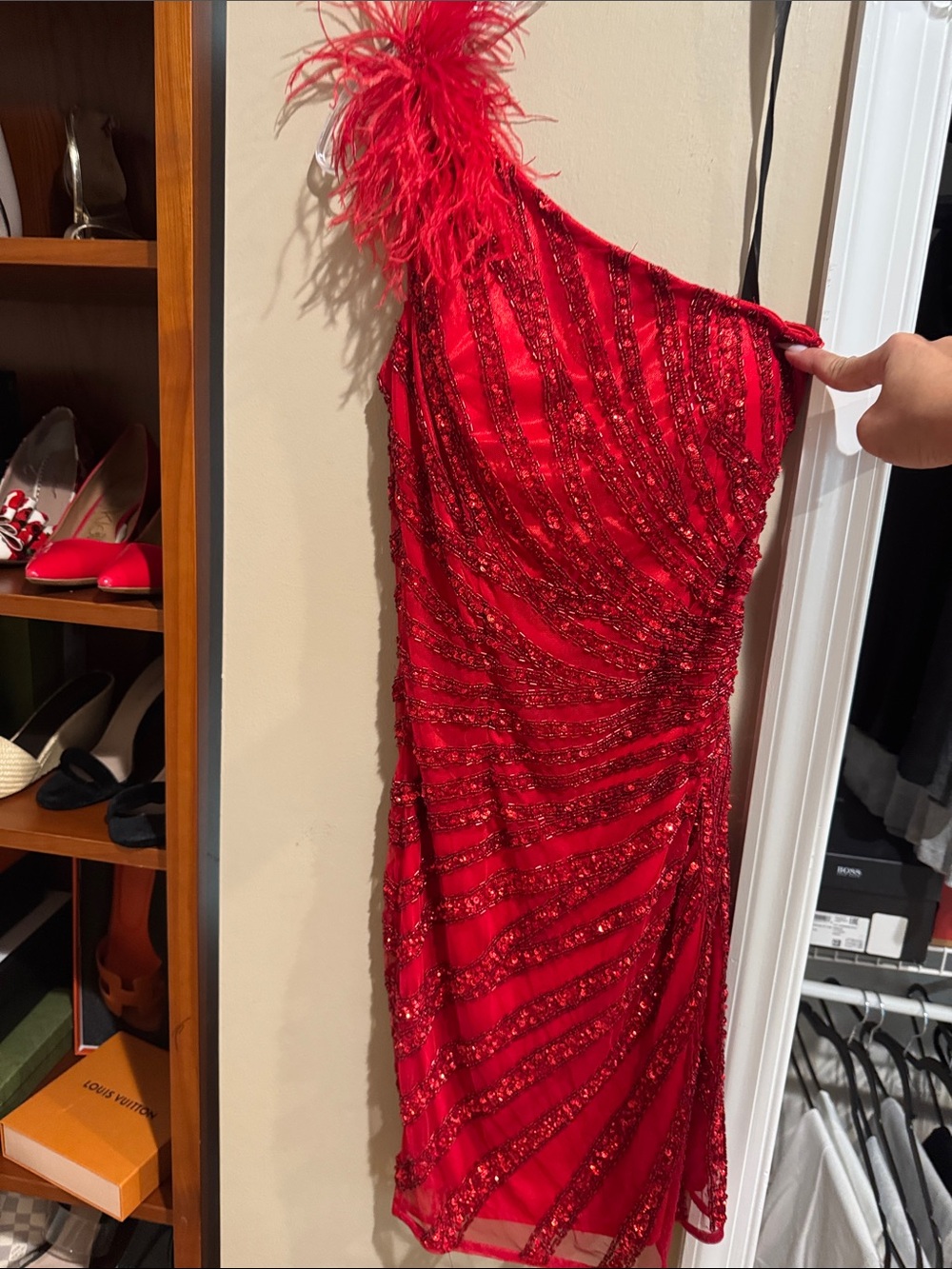 Red One-Shoulder Feather & Sequin Cocktail Dress
